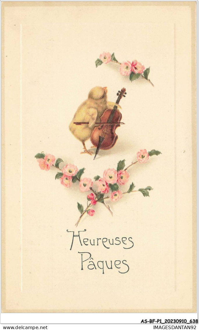 AS#BFP1-0320 - VOEUX - Heureuse Pâques - Poussin Jouant D'un Violoncelle - Carte Gaufrée - Easter