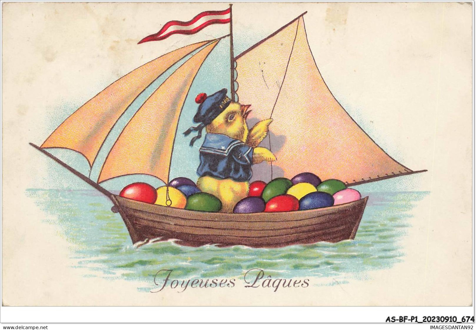 AS#BFP1-0338 - VOEUX - Joyeuses Pâques - Poussin Habillé Dans Une Barque - Ostern