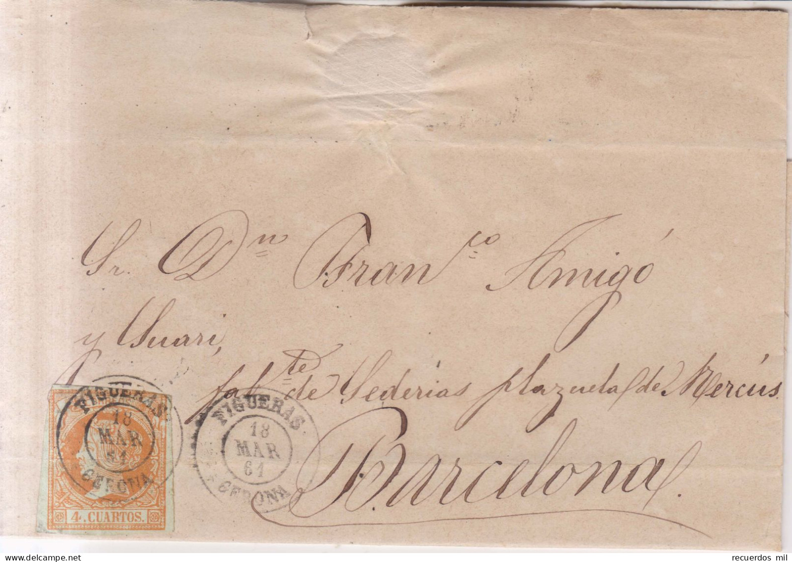 Año 1860 Edifil 52 Isabel II Envuelta Matasellos Figueras Gerona  Tipo II Bienvenido Serena - Briefe U. Dokumente