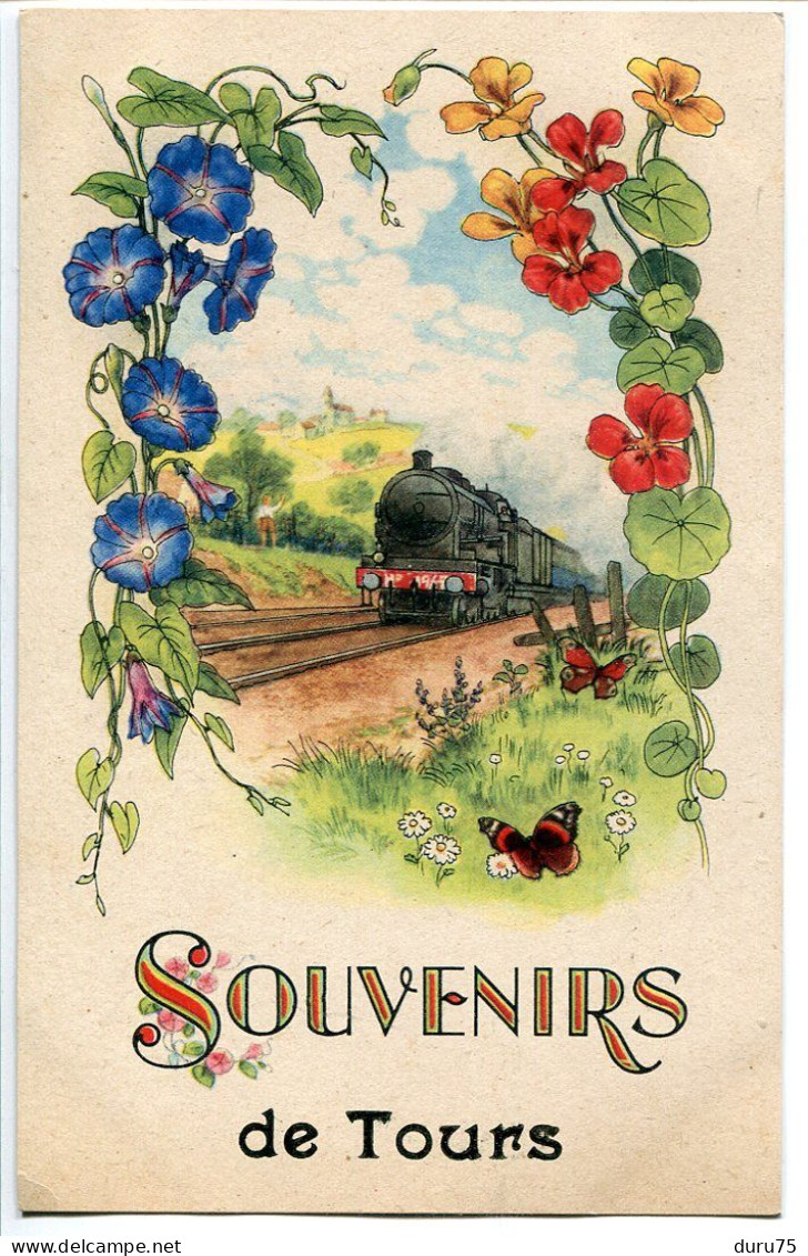 CPA Couleur Non écrite * SOUVENIRS De TOURS (Souvenir) Ligne Chemin De Fer Train Locomotive Vapeur Fleurs Papillon - Tours