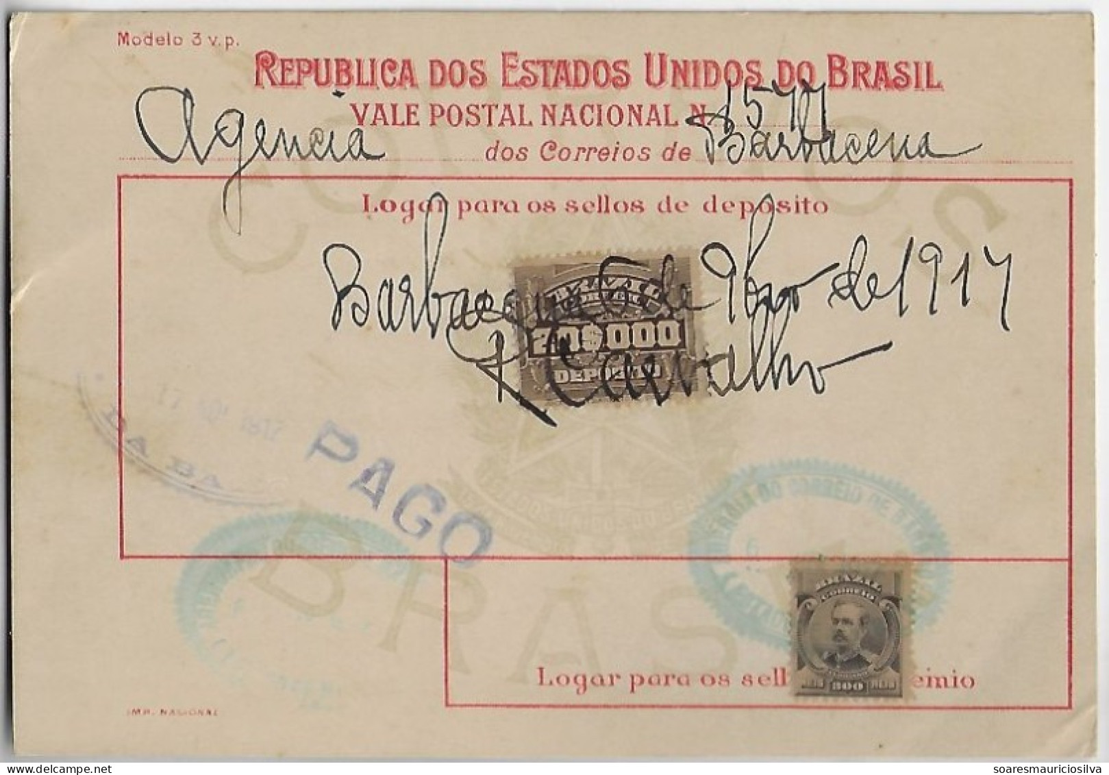 Brazil 1917 Money Order From Barbacena To Bahia Stamp 20$000 + Definitive Floriano Peixoto 300 Réis - Cartas & Documentos