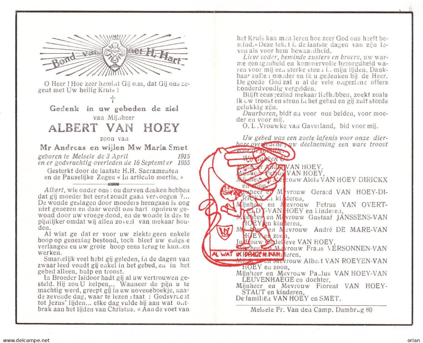 DP Albert Van Hoey / Smet ° Melsele Beveren Waas 1915† 1955Dirickx Van Overtveldt Versonnen Roeyen Van Leuvenhaege Staut - Andachtsbilder