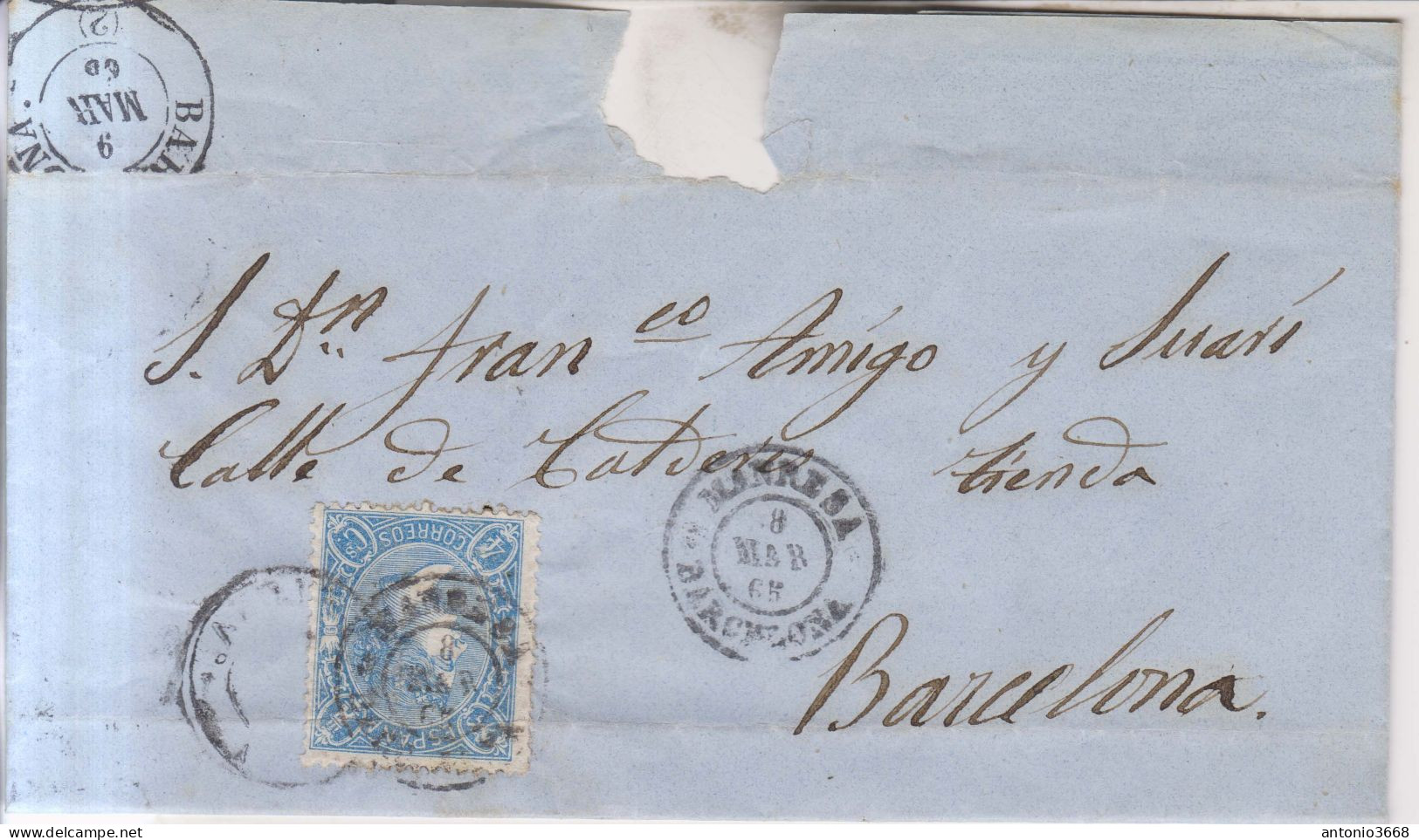 Año 1865 Edifil 75 4c Sello Isabel II Envuelta  Matasellos Manresa Barcelona Juan Cucurella - Storia Postale