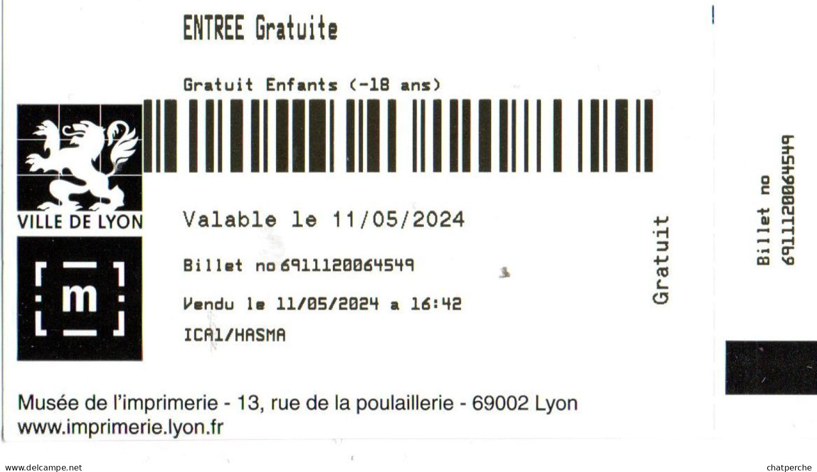 TICKET BILLET 門票 門票 MUSEE DE L'IMPRIMERIE LYON - Tickets D'entrée