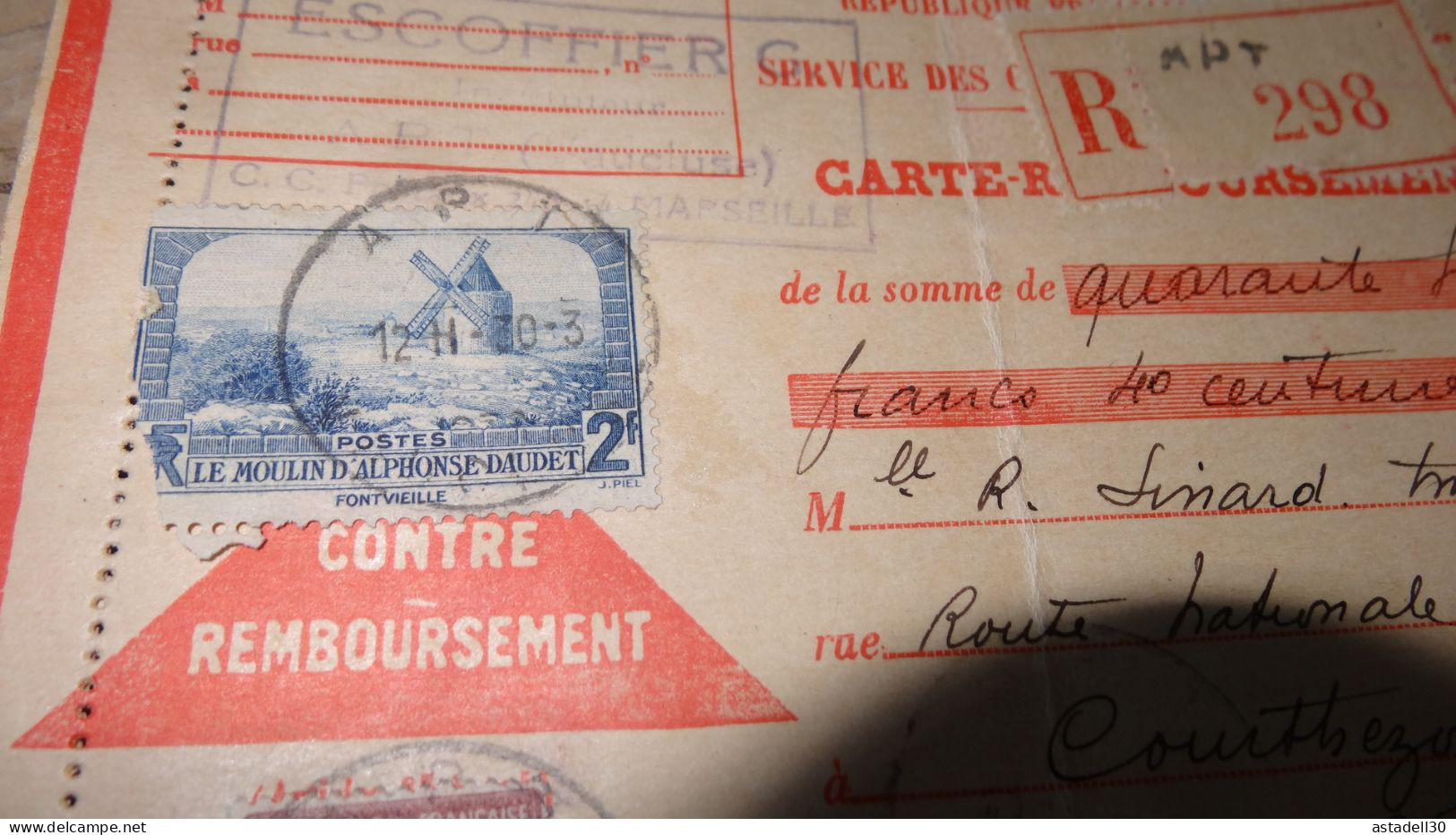 Semeuse + Moulin Daudet Sur Carte Recommandée En Contre-remboursement De 1938  ............BOITE1.......... 440 - Storia Postale