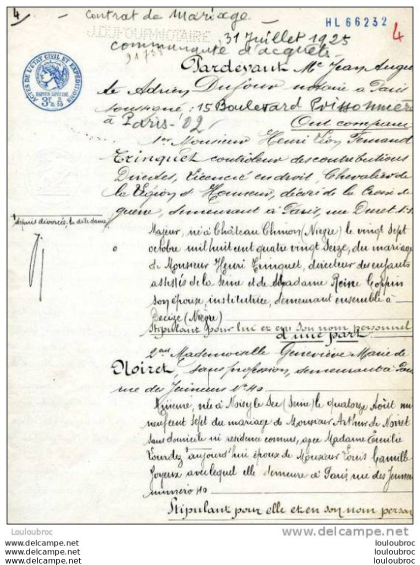 CONTRAT DE MARIAGE 16 PAGES 1925 ENTRE MR HENRI TRINQUET CHEVALIER DE LA LEGION D'HONNEUR ET MLLE  DE NOIRET - Zonder Classificatie