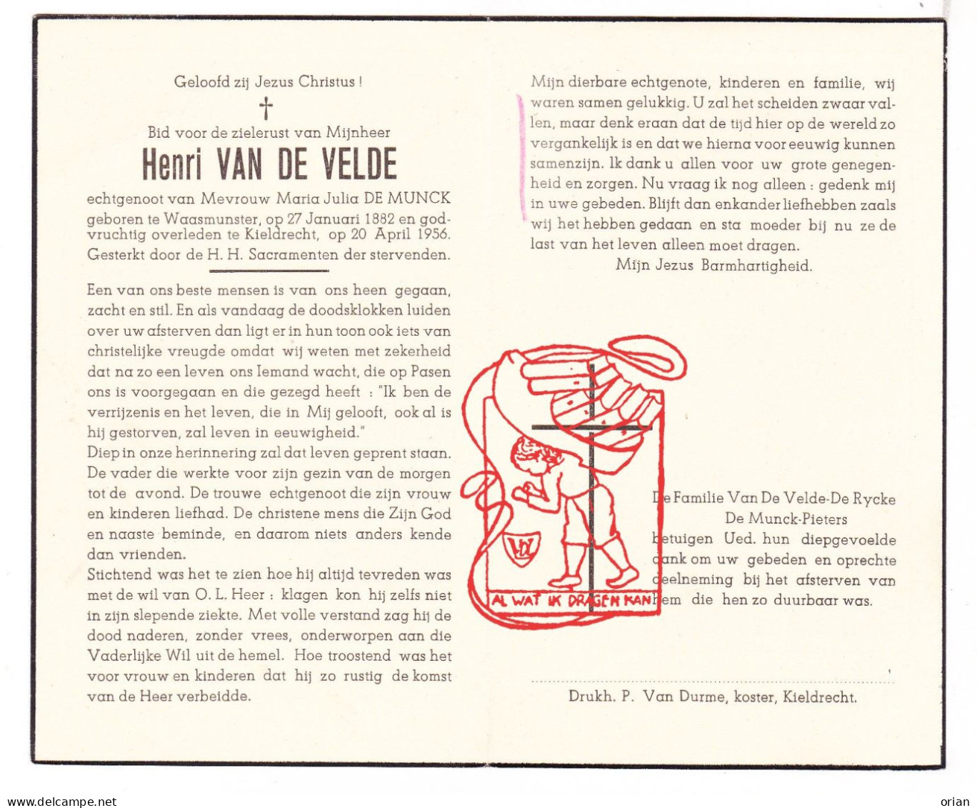 DP Henri Van De Velde ° Waasmunster 1882 † Kieldrecht Beveren Waas 1956 X Maria De Munck // De Rycke Pieters - Images Religieuses