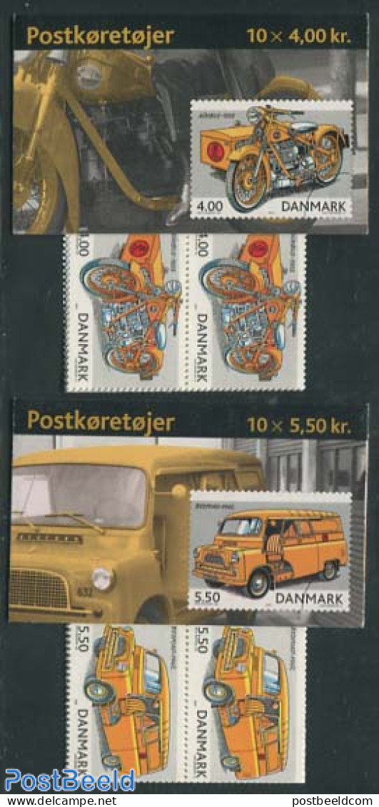 Denmark 2002 Postal Transport 2 Booklets, Mint NH, Transport - Post - Stamp Booklets - Automobiles - Motorcycles - Nuevos