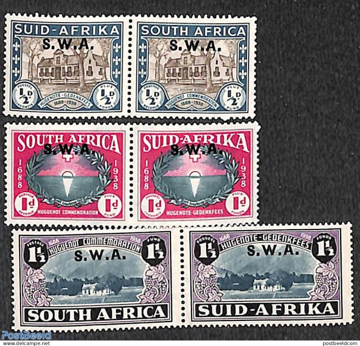 South-West Africa 1939 Hugenotes, 3 Pairs, Mint NH, Religion - Religion - Zuidwest-Afrika (1923-1990)