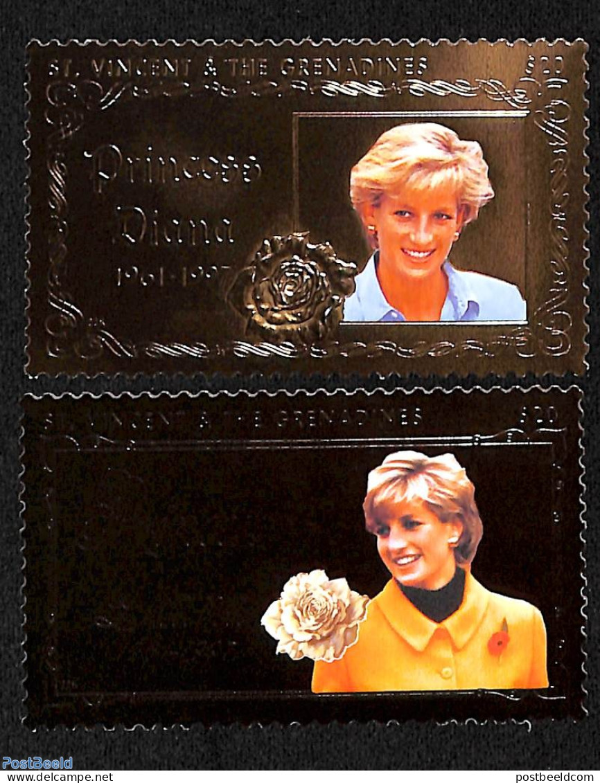 Saint Vincent 1998 Death Of Diana 2v, Gold, Mint NH, History - Charles & Diana - Kings & Queens (Royalty) - Koniklijke Families