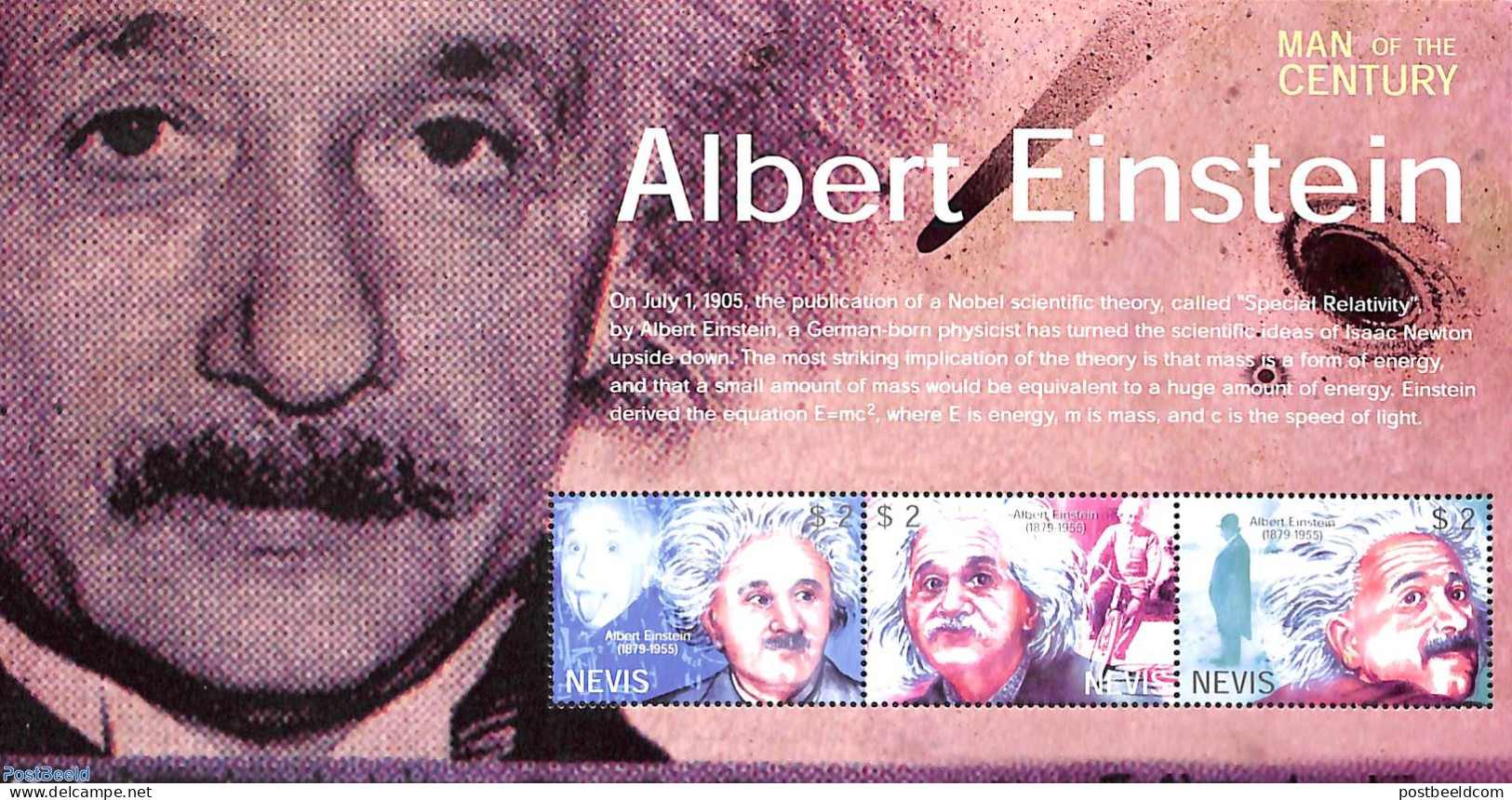 Nevis 2000 Albert Einstein 3v M/s, Mint NH, History - Science - Nobel Prize Winners - Physicians - Nobelprijs