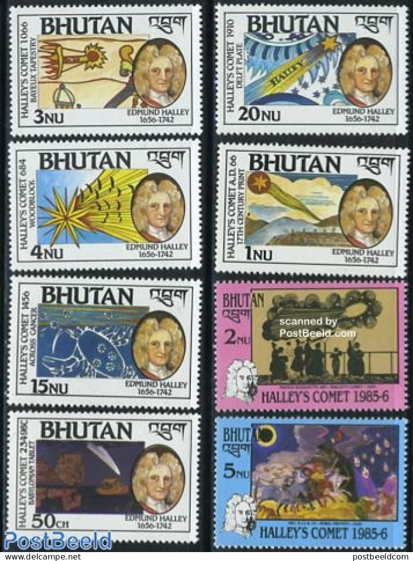 Bhutan 1986 Halleys Comet 8v, Mint NH, Religion - Science - Bible Texts - Astronomy - Halley's Comet - Cristianesimo