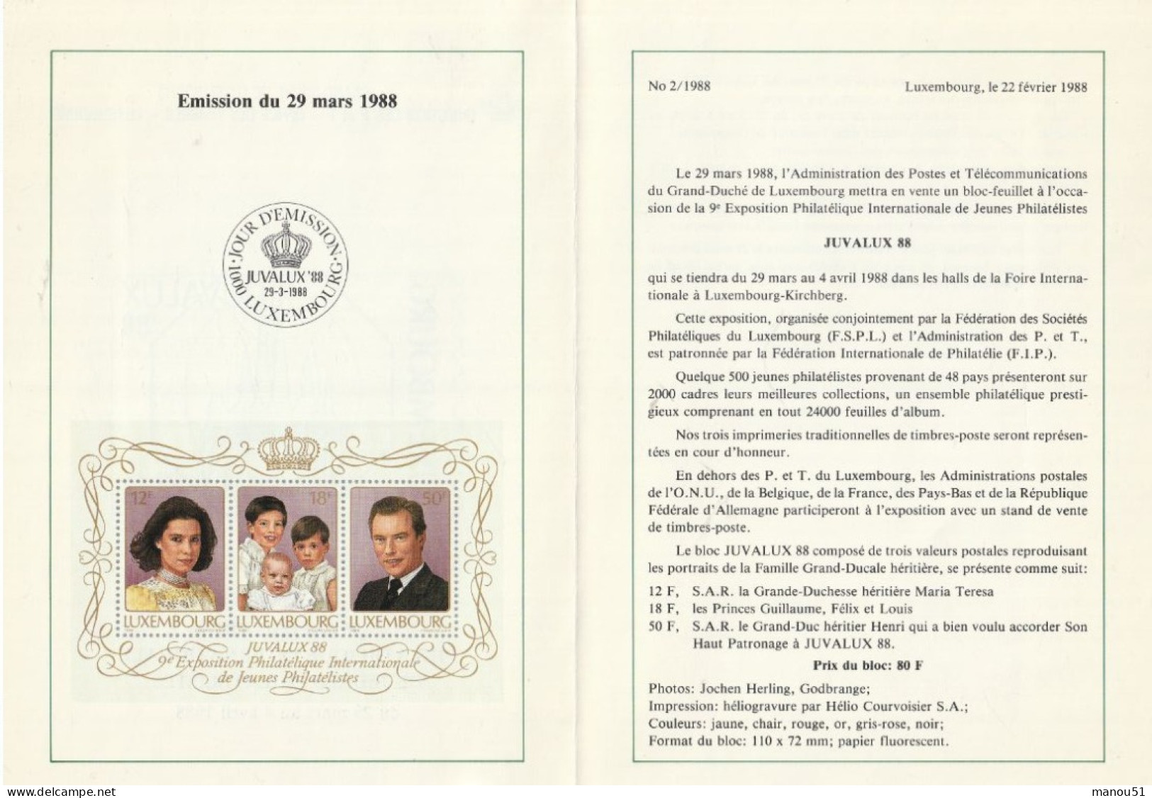 LUXEMBOURG - Emission Du 29 Mars 1988 - 1 Enveloppe 1er Jour + 1 Bloc Feuillet De 3 Timbres Neufs - Ongebruikt