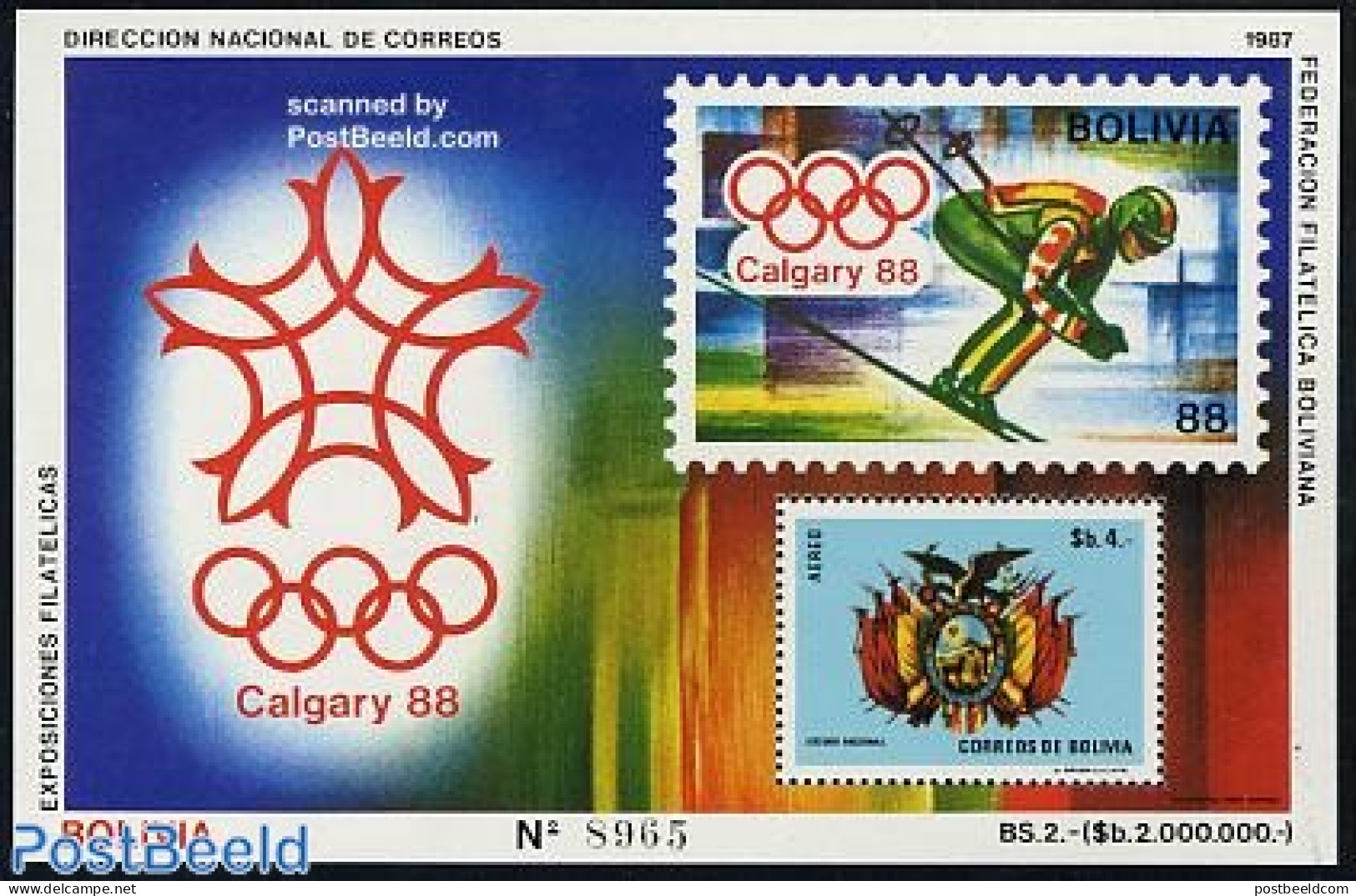 Bolivia 1987 Olympic Winter Games S/s, Mint NH, History - Sport - Coat Of Arms - Olympic Winter Games - Skiing - Stamp.. - Skiing