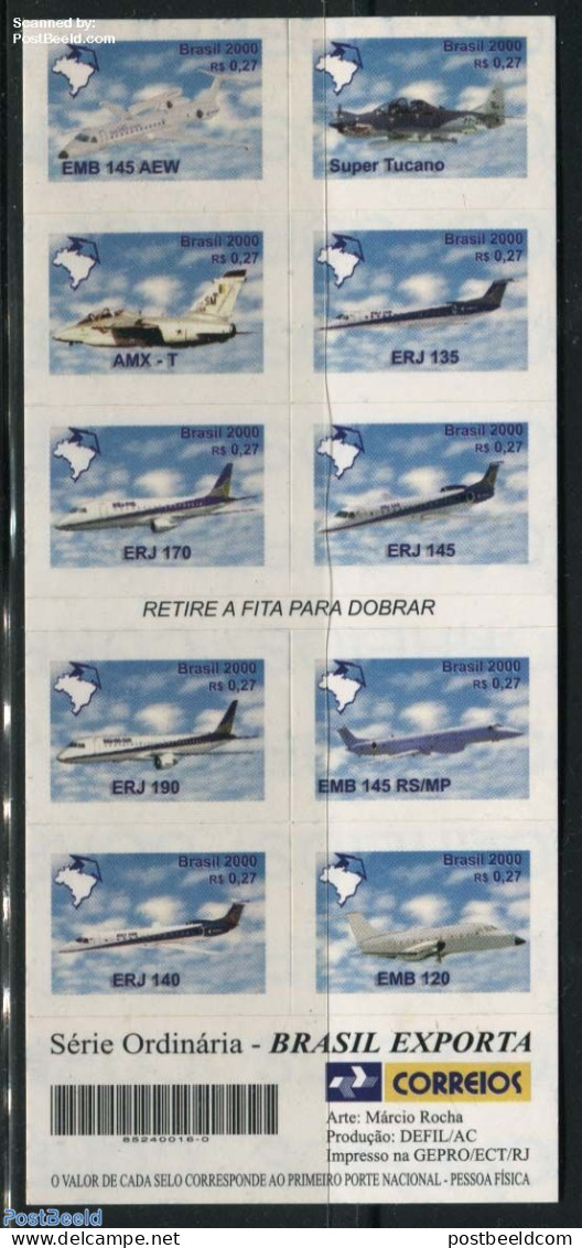 Brazil 2000 Aeroplanes 10v S-a In Booklet, Mint NH, Transport - Aircraft & Aviation - Neufs