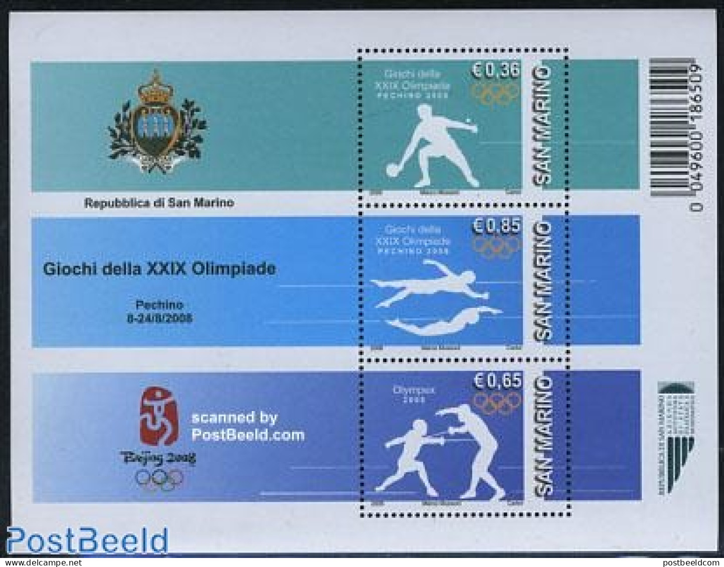 San Marino 2008 Beijing Olympics S/s, Mint NH, Sport - Fencing - Olympic Games - Swimming - Tennis - Nuevos