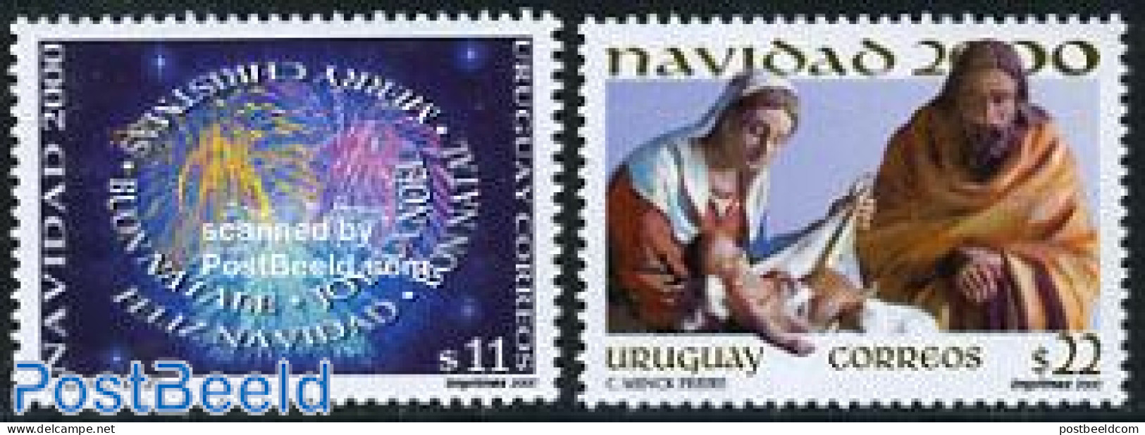 Uruguay 2000 Christmas 2v, Mint NH, Religion - Christmas - Art - Fireworks - Natale