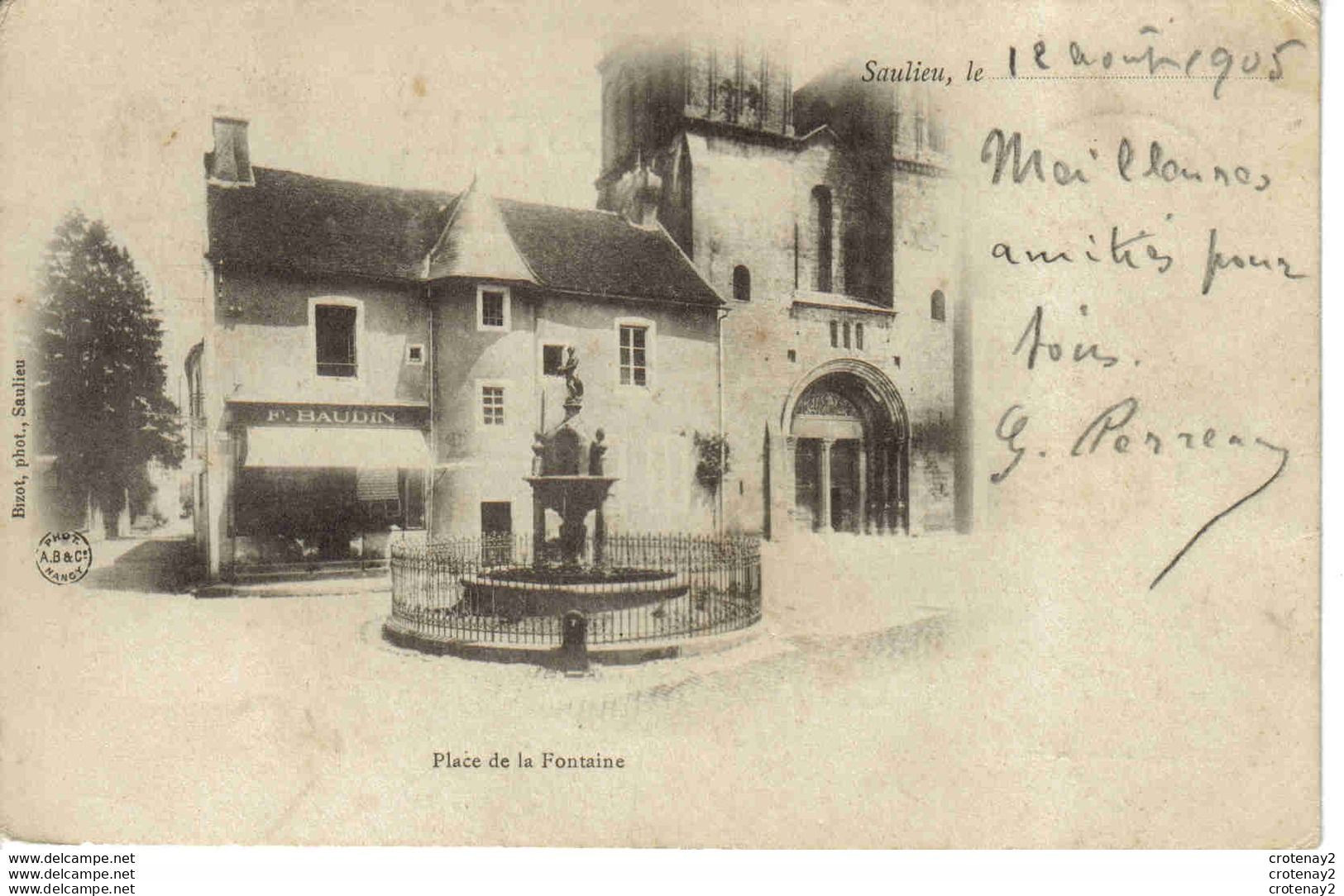 21 SAULIEU Place De La Fontaine Magasin F. Baudin Bizot Photo En 1905 VOIR DOS Non Séparé Envoyée à 89 Ravières - Saulieu