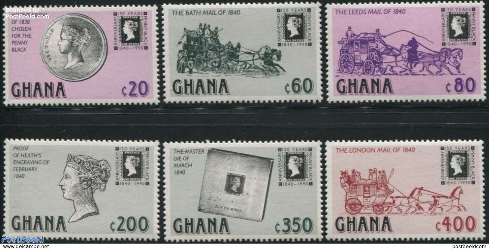 Ghana 1990 150 Years Stamps 6v, Mint NH, Nature - Transport - Horses - Stamps On Stamps - Coaches - Briefmarken Auf Briefmarken