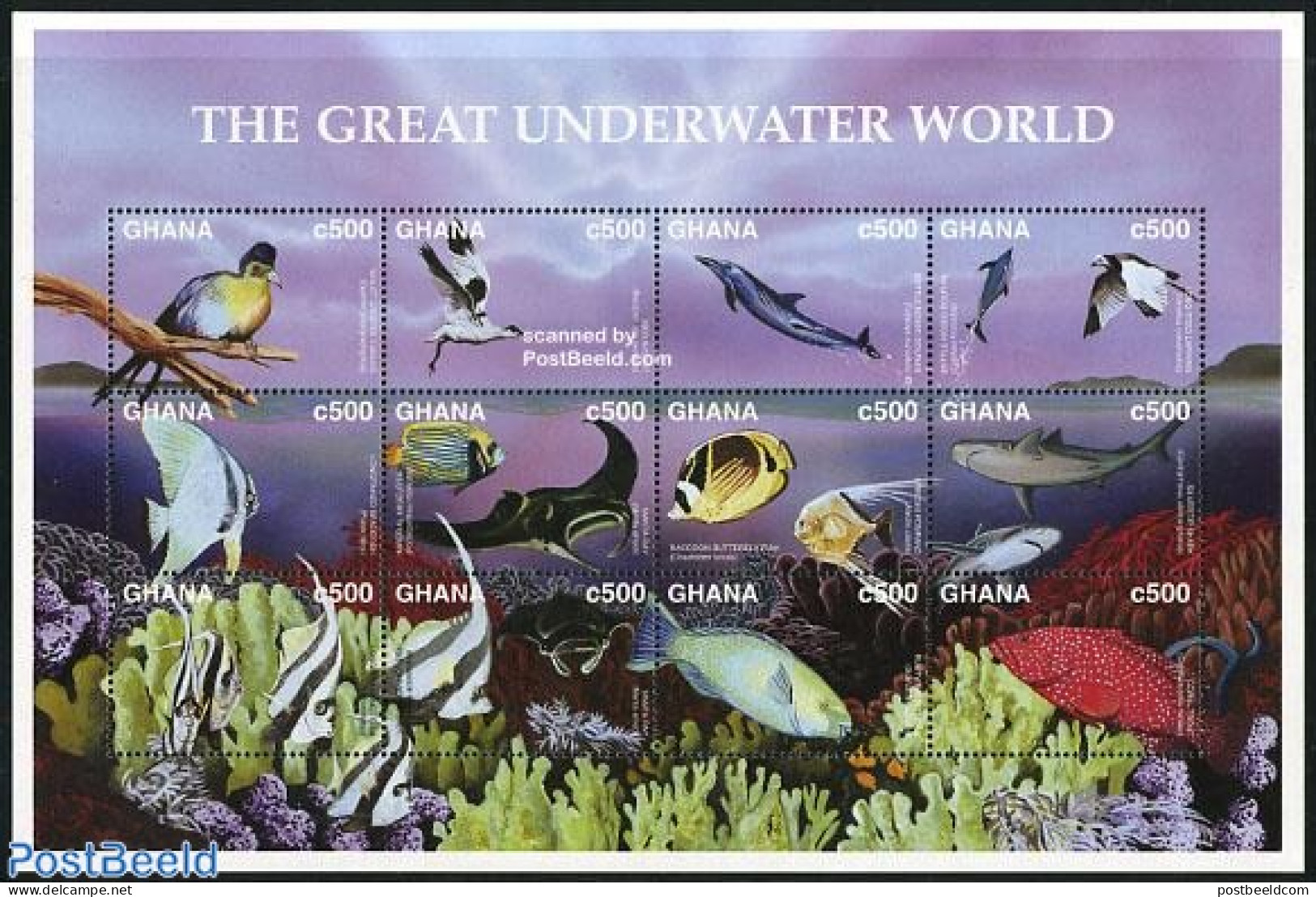 Ghana 1997 Underwater World 12v M/s, Mint NH, Nature - Birds - Fish - Sea Mammals - Vissen