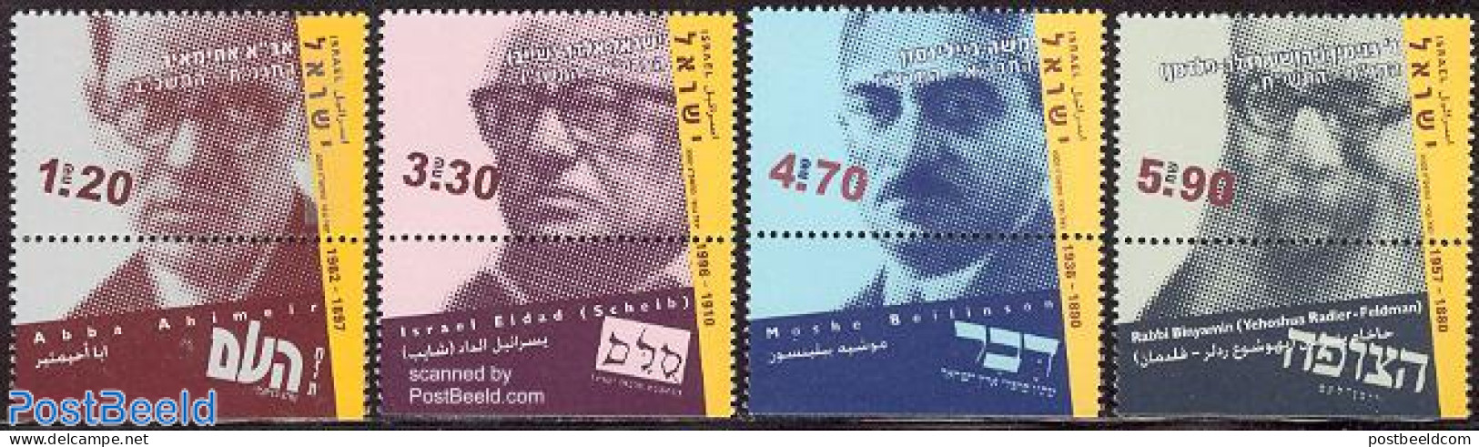 Israel 2002 Political Journalists 4v, Mint NH, History - Newspapers & Journalism - Neufs (avec Tabs)