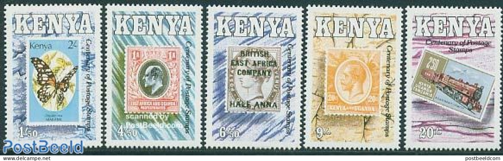 Kenia 1990 Stamp Centenary 5v, Mint NH, Nature - Transport - Butterflies - Stamps On Stamps - Railways - Timbres Sur Timbres