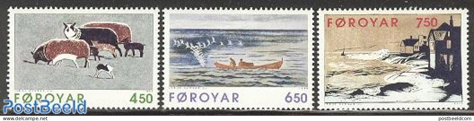 Faroe Islands 1996 Janus Kamban Graphics 3v, Mint NH, Nature - Transport - Cattle - Fishing - Ships And Boats - Art - .. - Fische