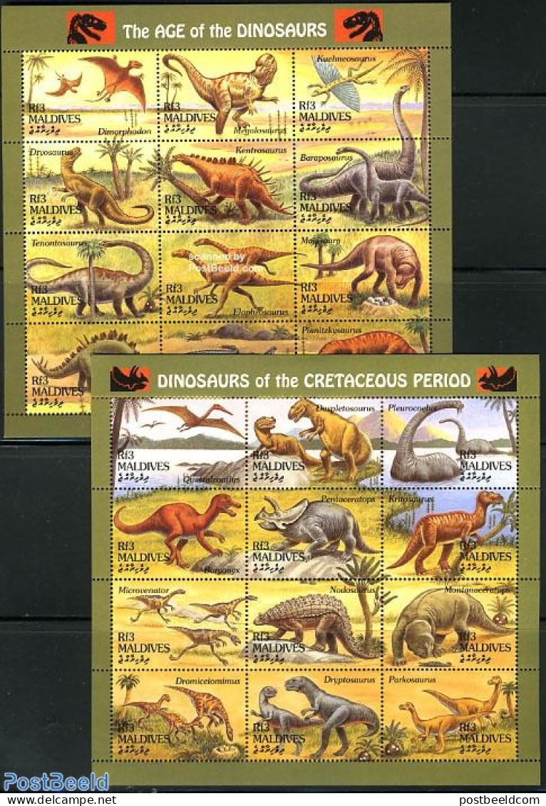 Maldives 1994 Prehistoric Animals 2x12v M/s, Mint NH, Nature - Prehistoric Animals - Vor- U. Frühgeschichte