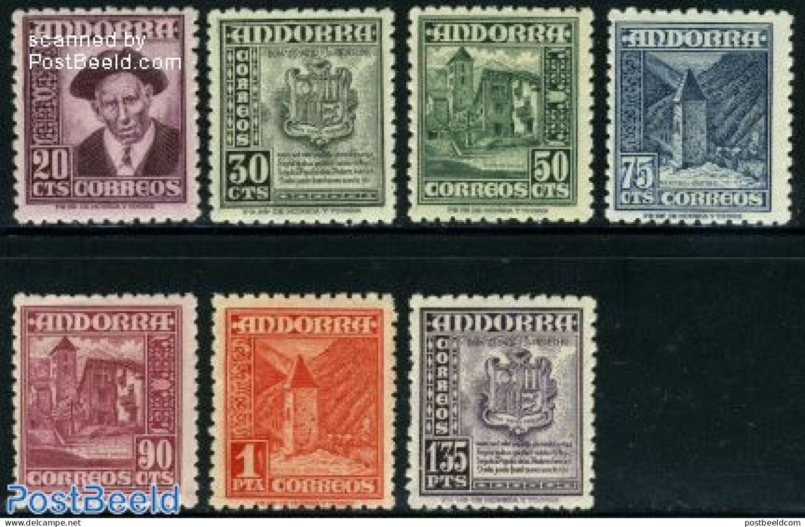 Andorra, Spanish Post 1948 Definitives, National Symbols 7v, Unused (hinged), History - Religion - Coat Of Arms - Chur.. - Nuevos