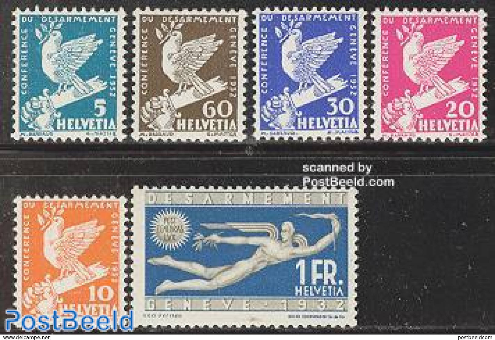 Switzerland 1932 Disarmament Conference 6v, Mint NH, Nature - Birds - Unused Stamps