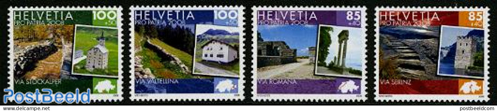Switzerland 2008 Pro Patria, Cultural Routes 4v, Mint NH, Various - Maps - Tourism - Art - Castles & Fortifications - Neufs