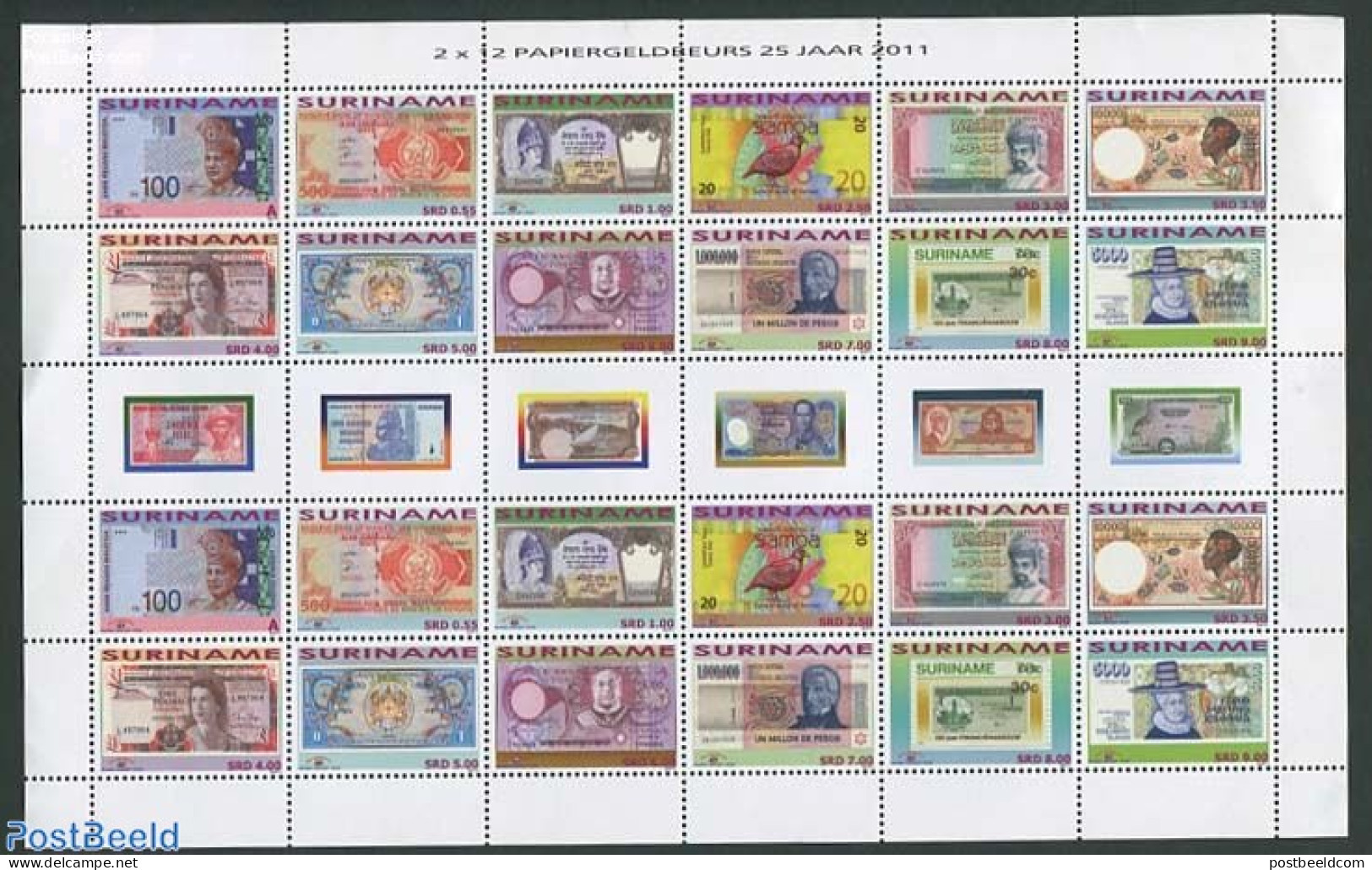 Suriname, Republic 2011 Paper Money 2x12v M/s, Mint NH, Nature - Various - Birds - Fish - Money On Stamps - Poissons