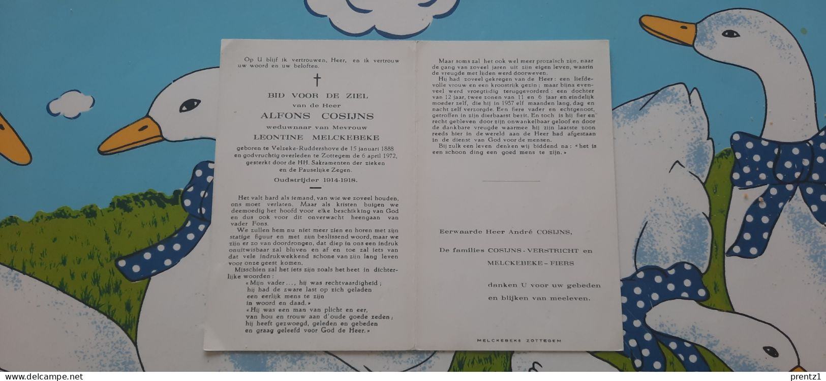 Alfons Cosijns - Geb. Velzeke 15/01/1888- Getr. L. Melckebeke -Oudstrijder 1914-'18- Gest. Zottegem 6/04/1972 - Devotion Images