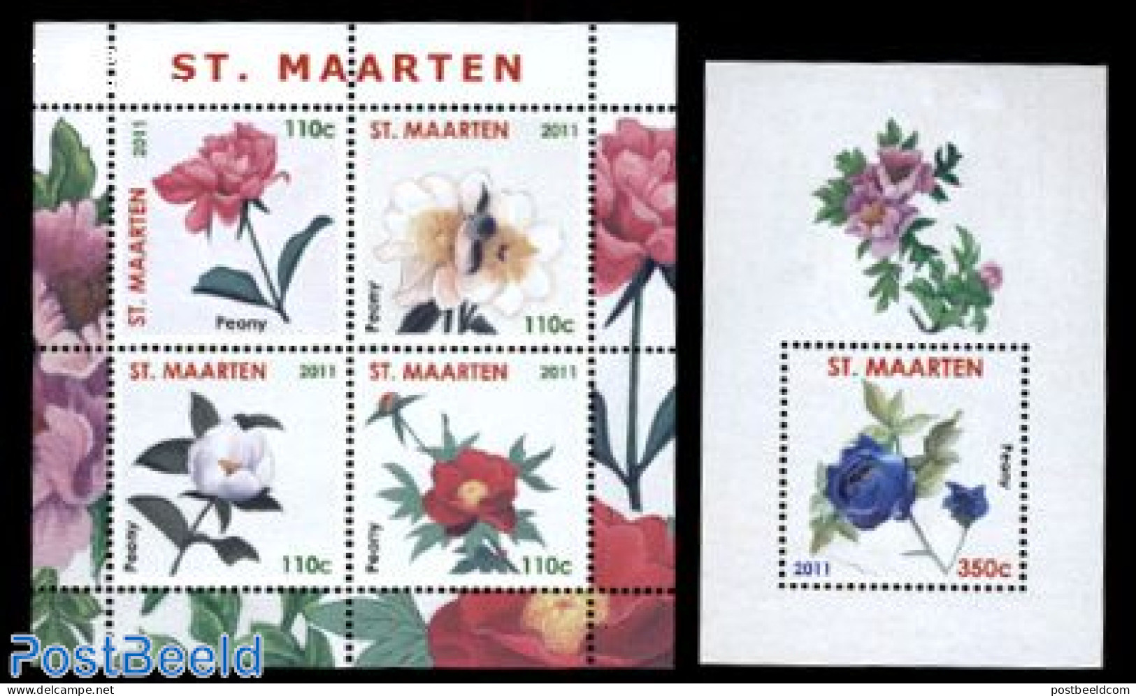 St. Maarten 2011 Peonies 2 S/s, Mint NH, Nature - Flowers & Plants - Andere & Zonder Classificatie
