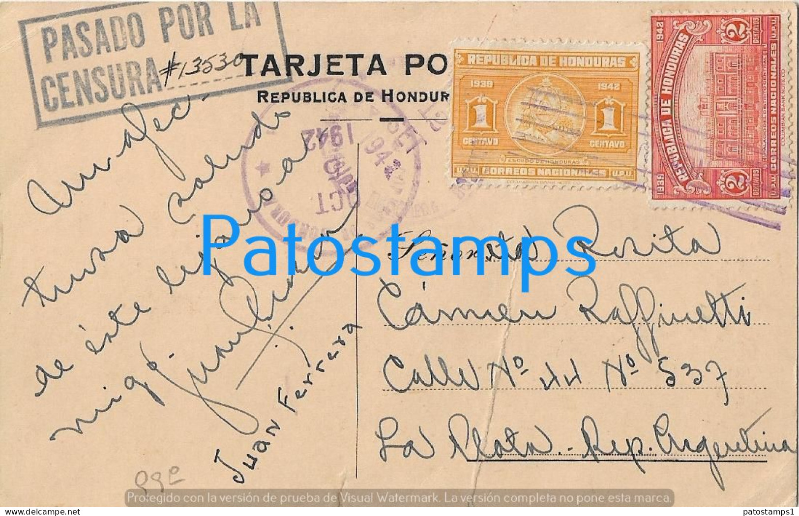 228772 HONDURAS GRAL FRANCISCO MORAZAN MASONERIA CENSORED CIRCULATED TO ARGENTINA POSTAL POSTCARD - Honduras