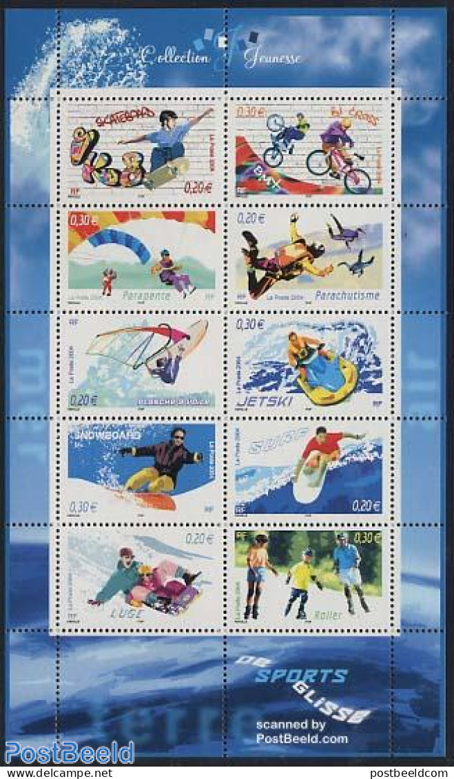 France 2004 Fun Sports 10v M/s, Mint NH, Sport - Cycling - Fun Sports - Parachuting - Sport (other And Mixed) - Unused Stamps