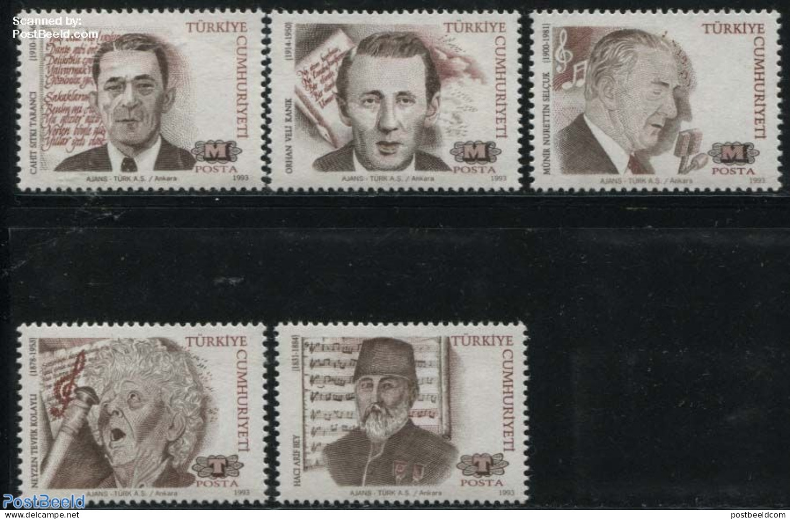 Türkiye 1993 Famous Artists 5v, Mint NH, Performance Art - Music - Art - Authors - Sonstige & Ohne Zuordnung