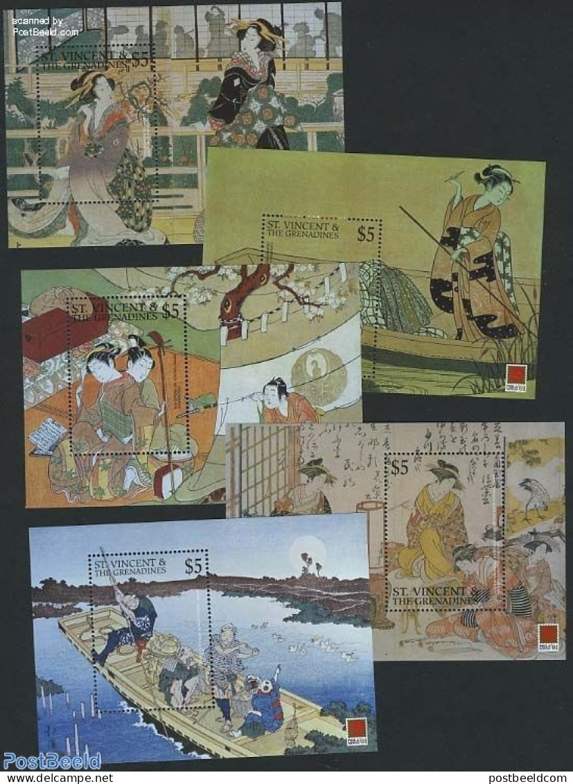 Saint Vincent 2001 Japanese Paintings 5 S/s, Mint NH, Transport - Ships And Boats - Art - East Asian Art - Paintings - Bateaux