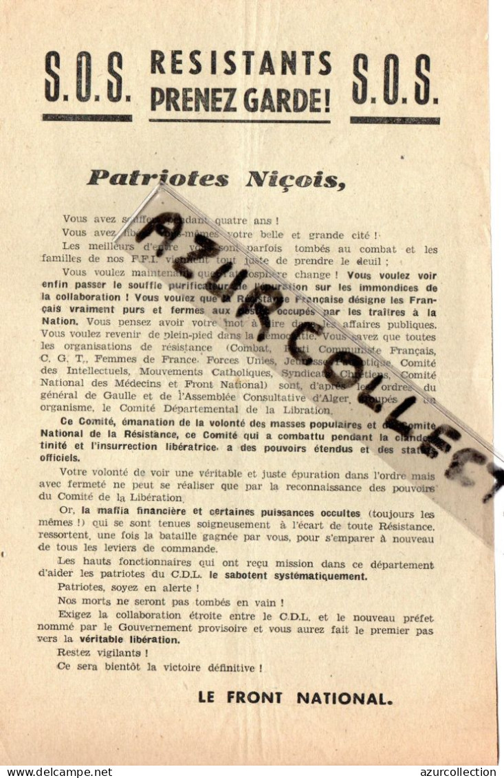 39/45 . TRACT DU FRONT NATIONAL NICOIS . SOS RESISTANTS PRENEZ GARDE ! - Historical Documents