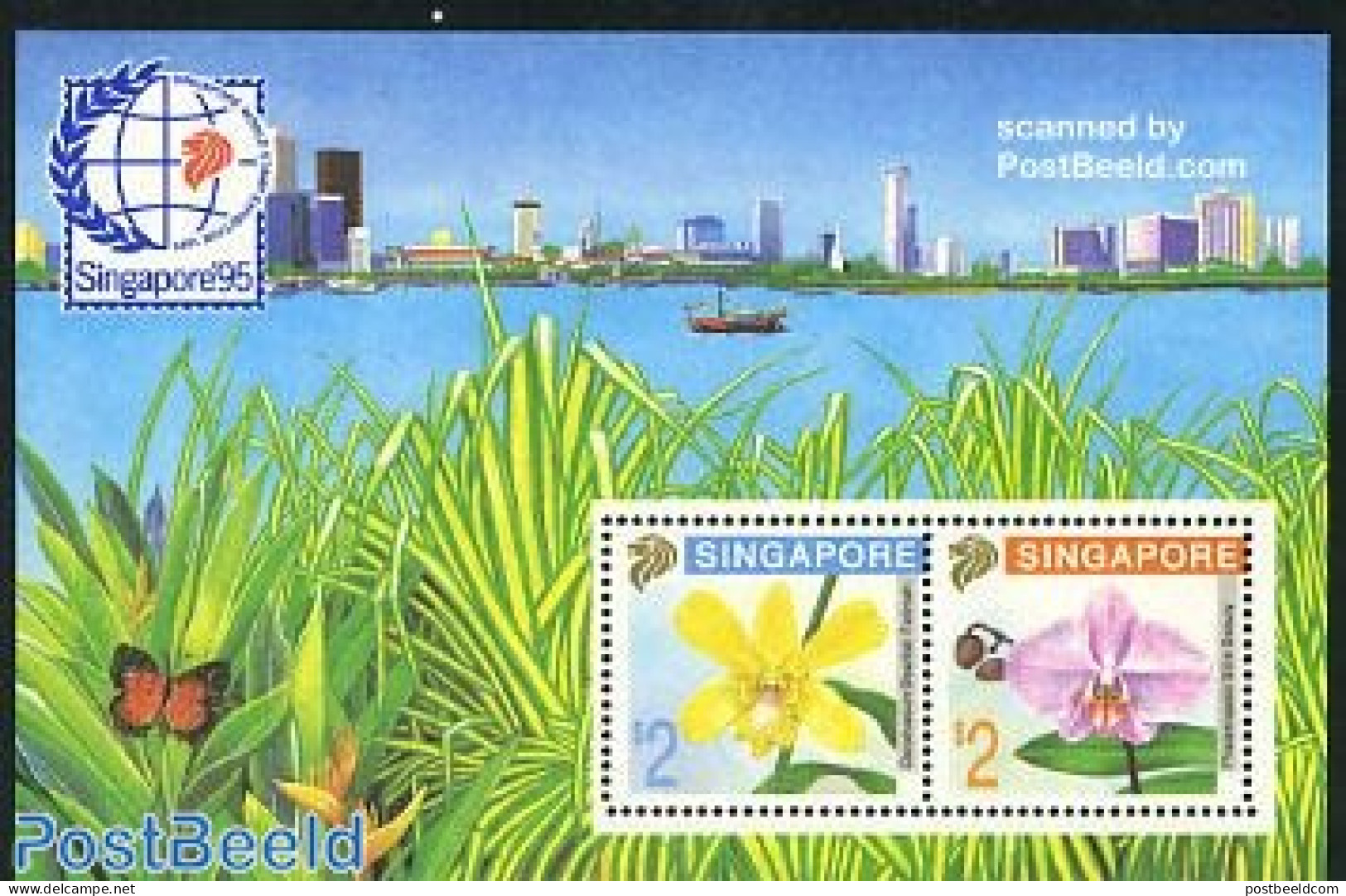 Singapore 1992 Orchids, Singapore S/s, Mint NH, Nature - Transport - Butterflies - Flowers & Plants - Orchids - Philat.. - Bateaux