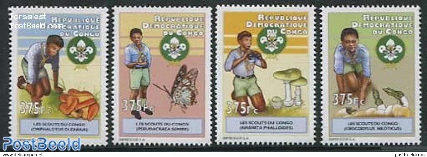 Congo Dem. Republic, (zaire) 2012 Scouting, Flora & Fauna 4v, Mint NH, Nature - Sport - Butterflies - Crocodiles - Mus.. - Champignons