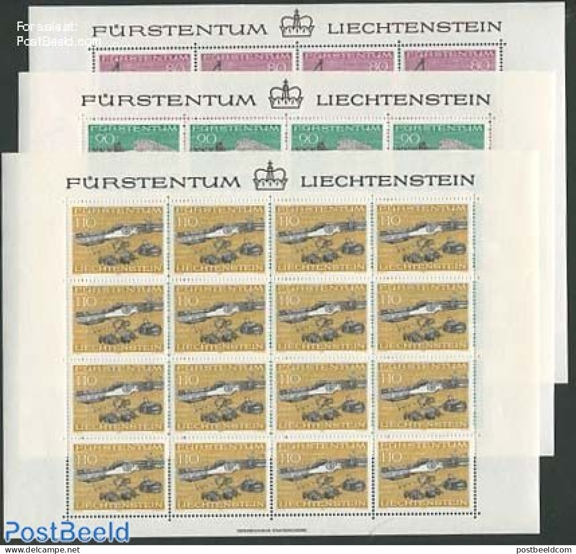 Liechtenstein 1980 Hunting Weapons 3 M/ss, Mint NH, Nature - Various - Hunting - Weapons - Unused Stamps