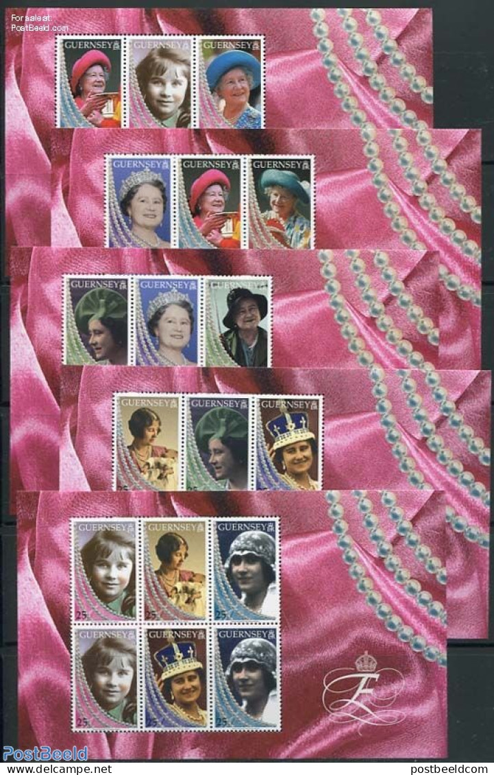 Guernsey 1999 Queen Mother 5 Booklet Panes, Mint NH, History - Kings & Queens (Royalty) - Königshäuser, Adel