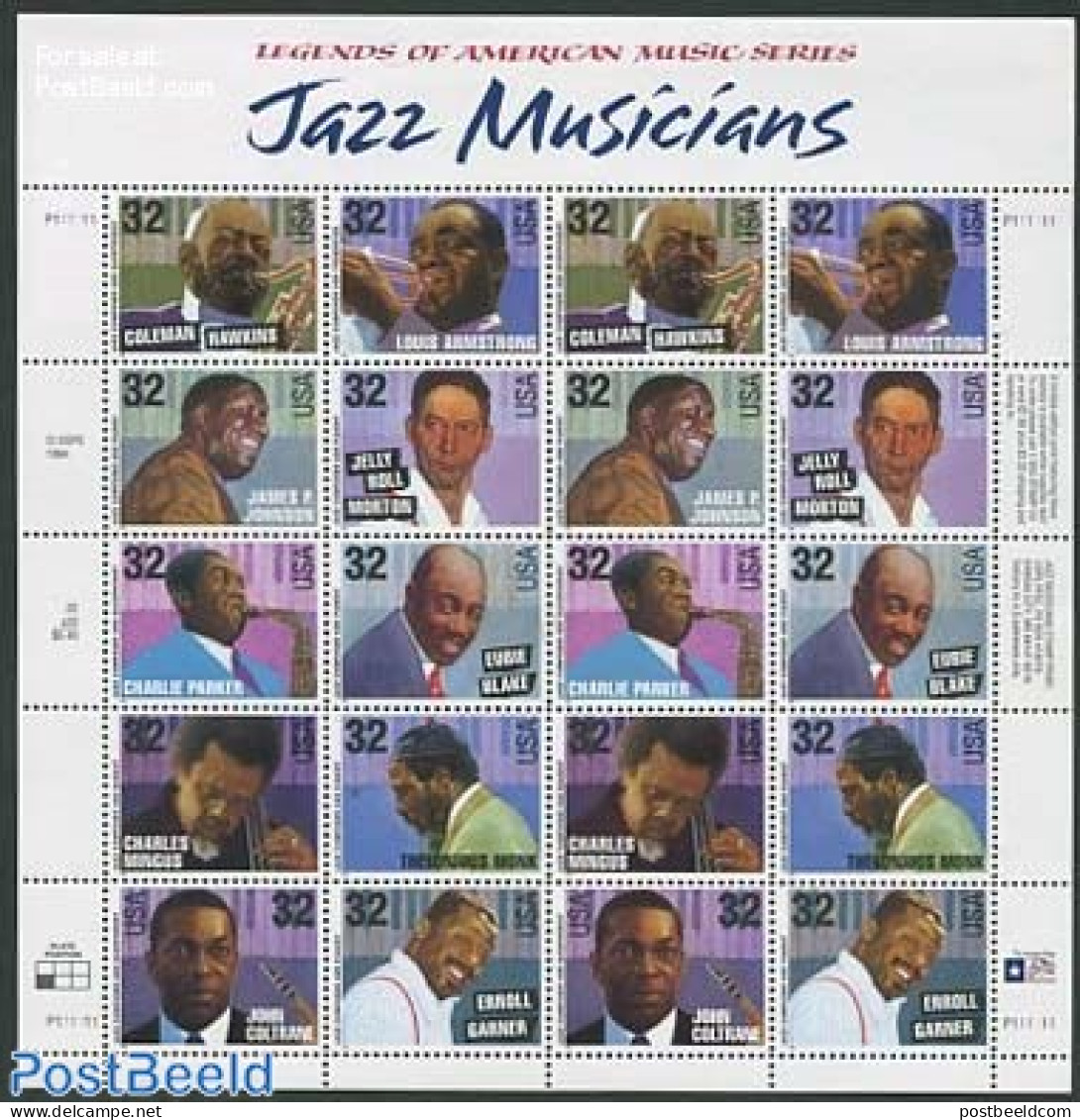 United States Of America 1995 Jazz Musicians M/s, Mint NH, Performance Art - Jazz Music - Music - Unused Stamps