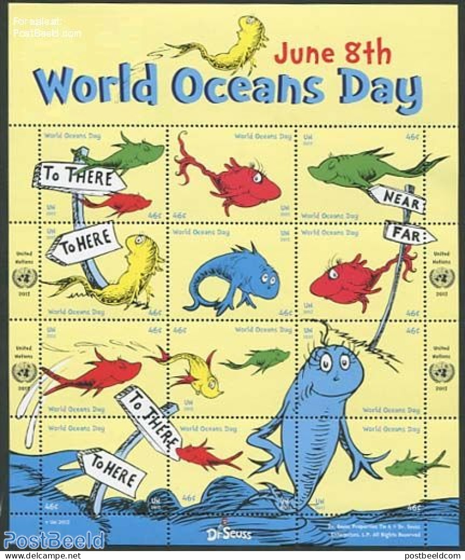 United Nations, New York 2013 World Ocean Day, Dr. Seuss 12v M/s, Mint NH, Nature - Fish - Art - Children's Books Illu.. - Vissen