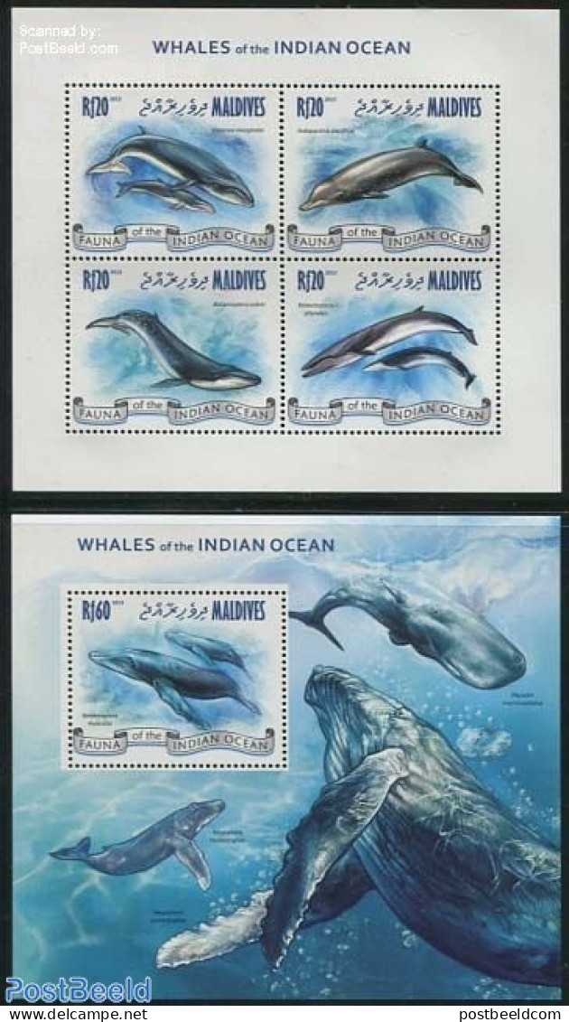 Maldives 2013 Whales Of The Indian Ocean 2 S/s, Mint NH, Nature - Sea Mammals - Maldives (1965-...)