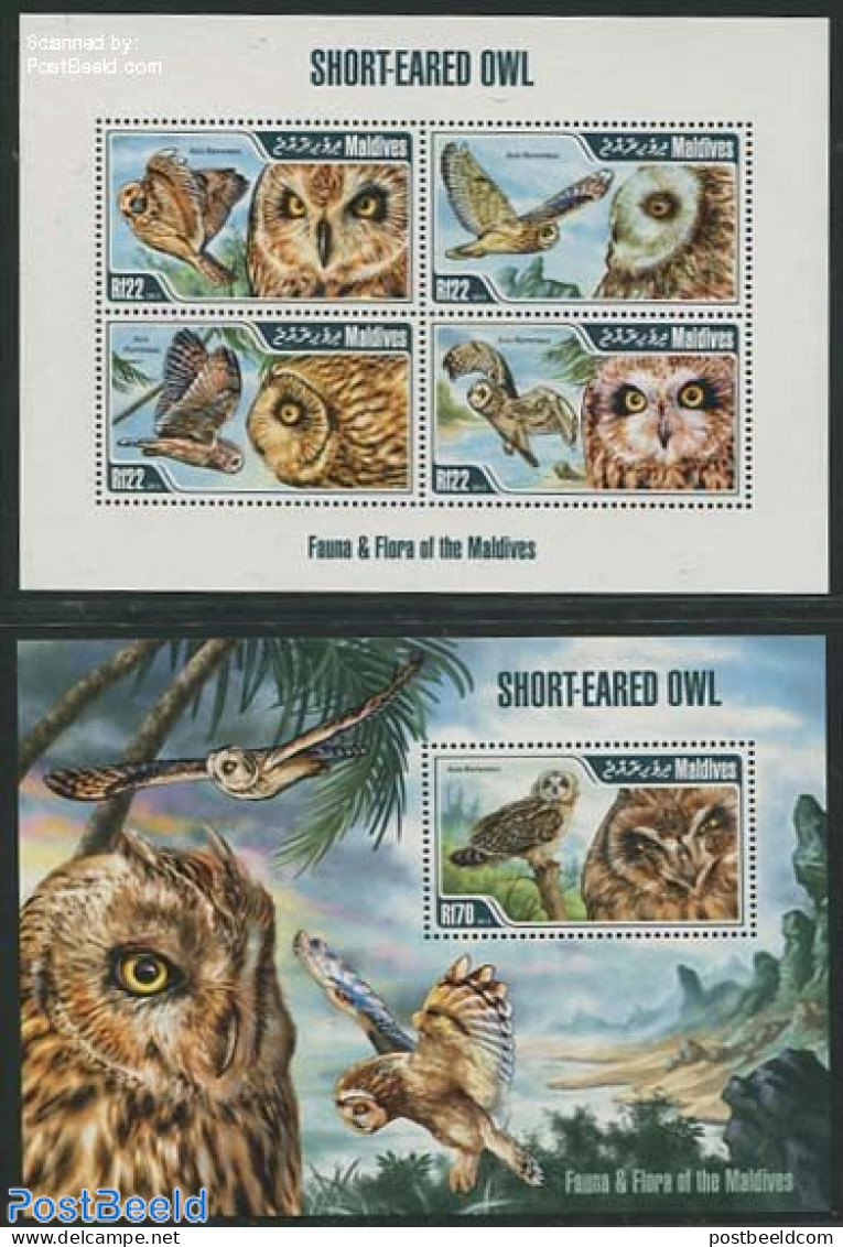 Maldives 2013 Short-eared Owl 2 S/s, Mint NH, Nature - Birds - Birds Of Prey - Flowers & Plants - Owls - Maldive (1965-...)