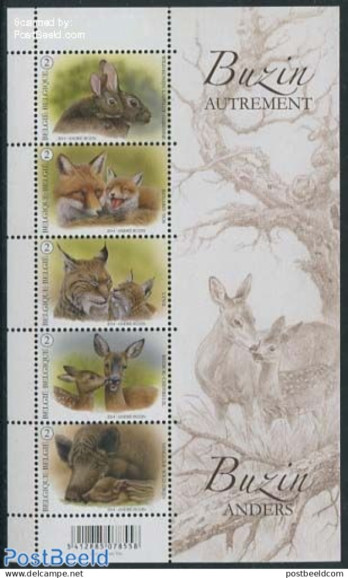 Belgium 2014 Animals, Buzin 5v M/s, Mint NH, Nature - Animals (others & Mixed) - Cat Family - Deer - Rabbits / Hares - Unused Stamps