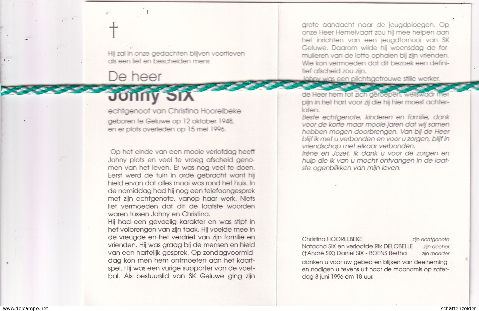 Johny Six-Hoorelbeke, Geluwe 1948, 1996. Foto - Obituary Notices
