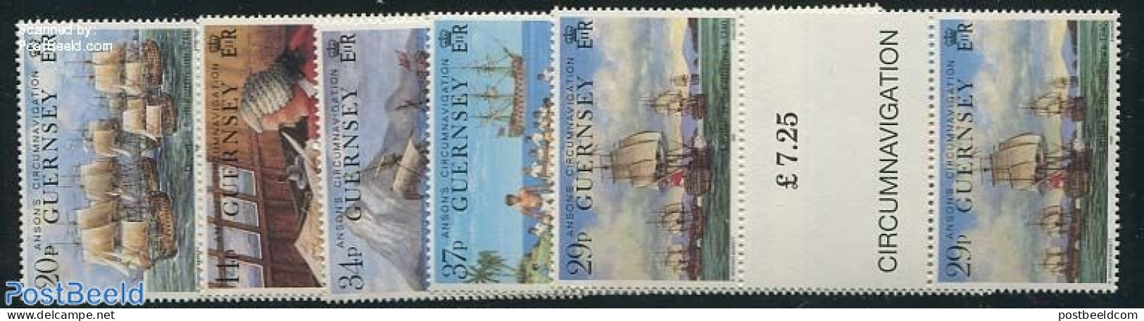 Guernsey 1990 Ansons Circumnavigation 5 Gutter Pairs, Mint NH, Transport - Various - Ships And Boats - Maps - Handwrit.. - Ships